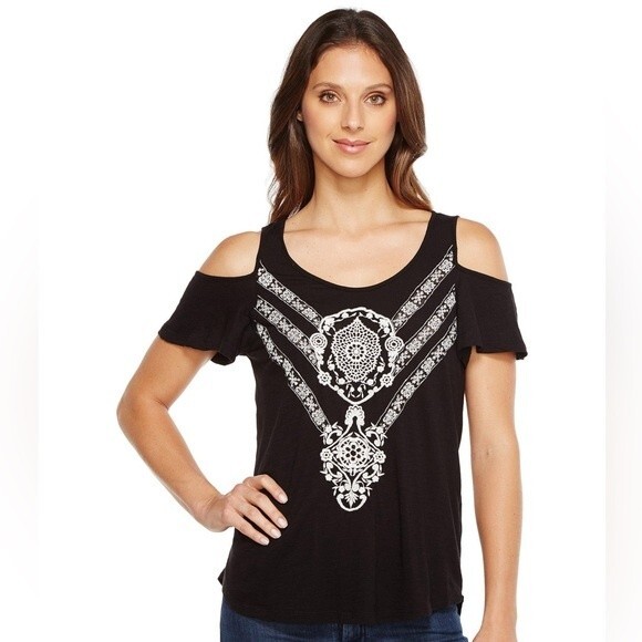 Lucky Brand Tops - Lucky Brand Size S Black Cold Shoulder Boho Embroidered Knit top Flutter Sleeve